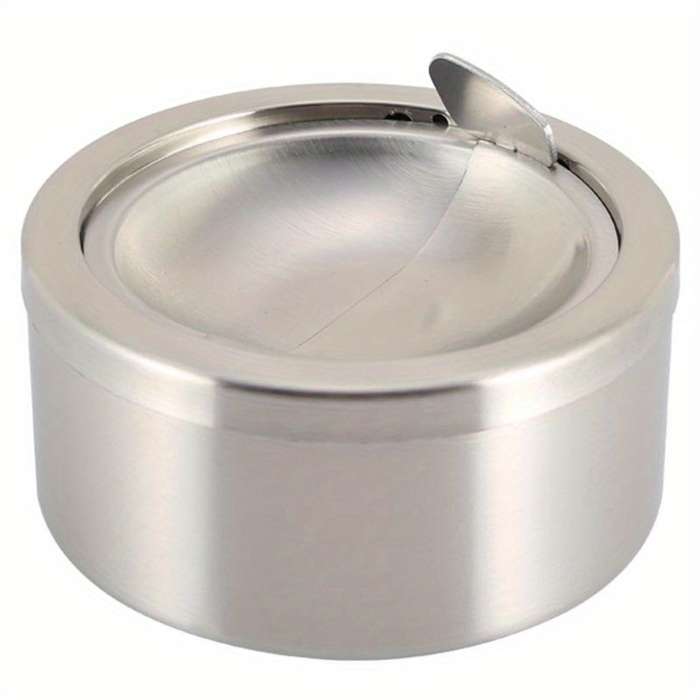 1pc Stainless Steel Windproof Ashtray with Lid Portable Round Design for Home and Outdoor Use