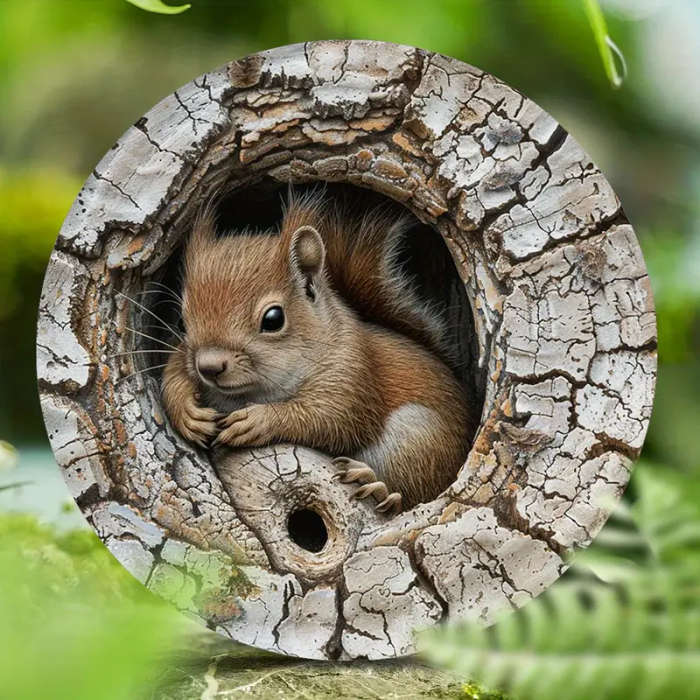 1pc Squirrel in Tree Hole 2D Aluminum Metal Wall Art 20.32x20.32cm Rustic Round Decorative Sign for