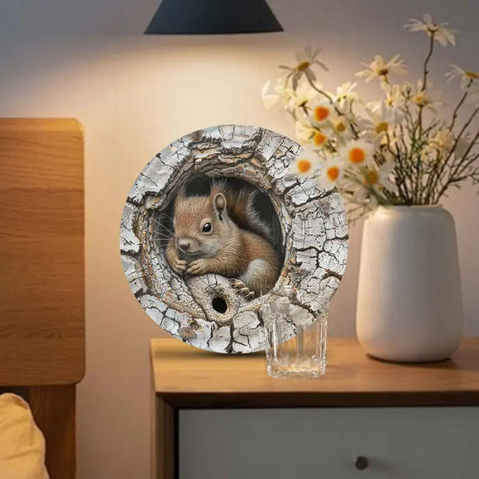 1pc Squirrel in Tree Hole 2D Aluminum Metal Wall Art 20.32x20.32cm Rustic Round Decorative Sign for