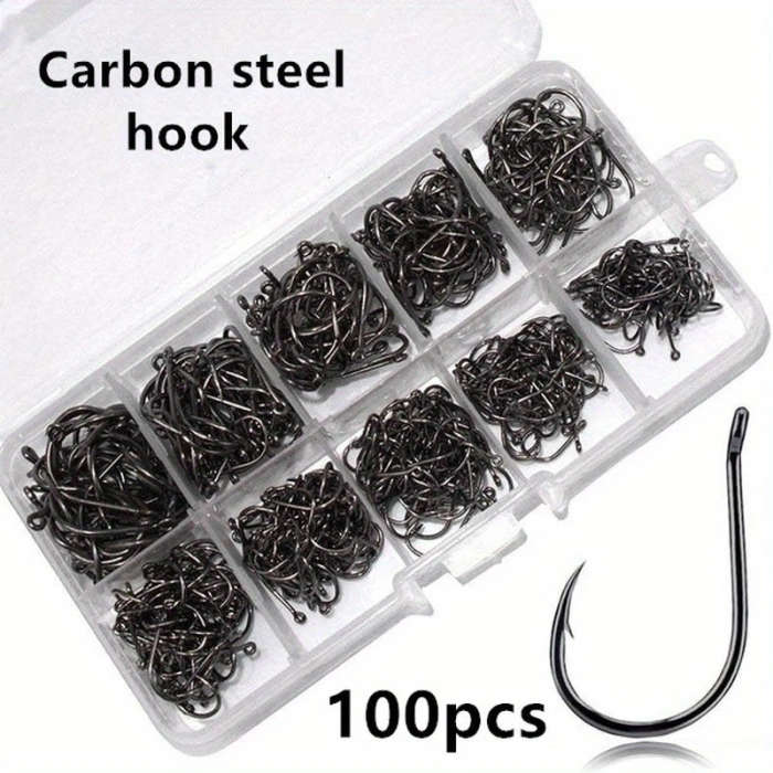 100 Pcs High Carbon Steel Overturned Fishing Hooks Sport Circle Hooks with Tackle Box for Freshwater