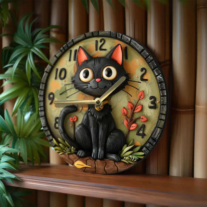 1pc Silent Round Wall Clock with Quartz Movement 8inch Wood Fiber Art Decor with Black Cat Design fo