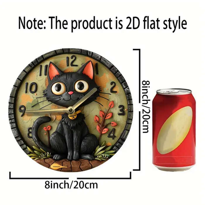 1pc Silent Round Wall Clock with Quartz Movement 8inch Wood Fiber Art Decor with Black Cat Design fo