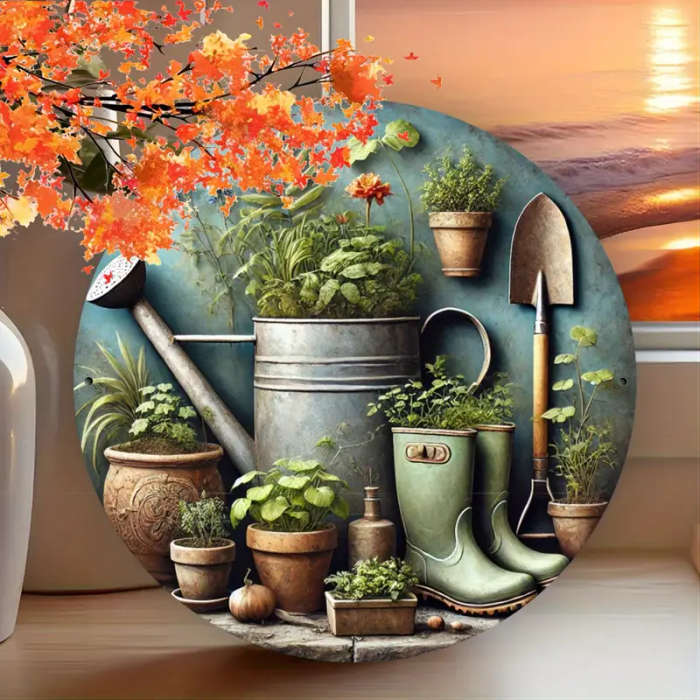 1pc Vintage Garden Tools Potted Plants Metal Sign 19.81x19.81cm Indoor Outdoor Decor for Home Garden
