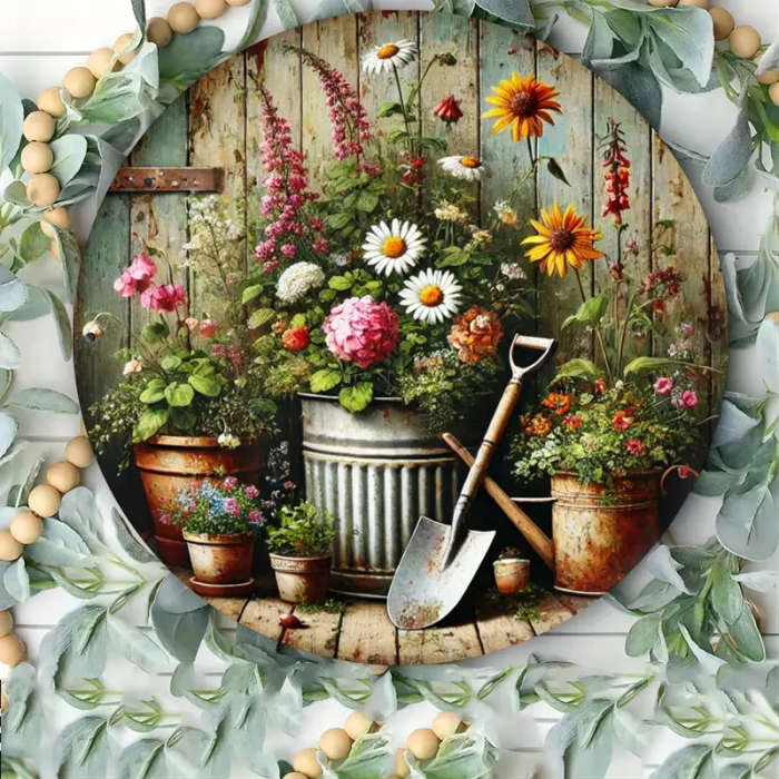 1pc Rustic Garden Charm 20.32x20.32cm Round Metal Wall Sign Vintage Floral  Gardening Tools Design w