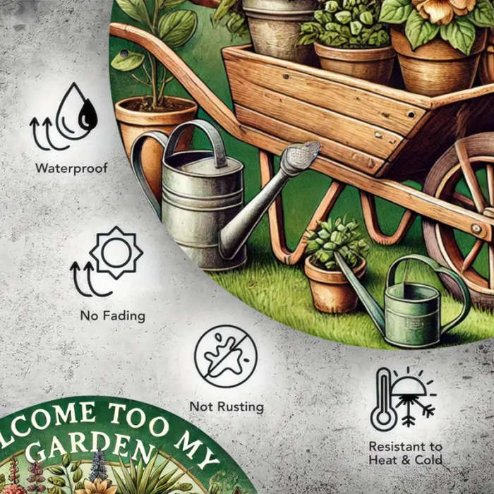 1pc Iron Garden Welcome Sign Plaque 19.81cm Round 2D Flat Printed Metal Sign for Home Decor Welcome