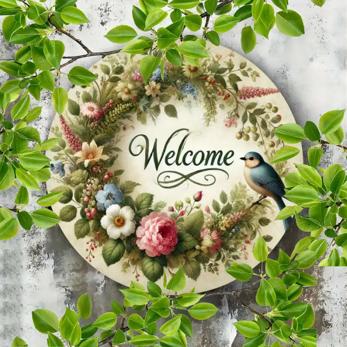 1pc Floral Wreath Welcome Sign Metal Plaque 19.81 cm Decorative Iron Wall Art with Spring Bird Round
