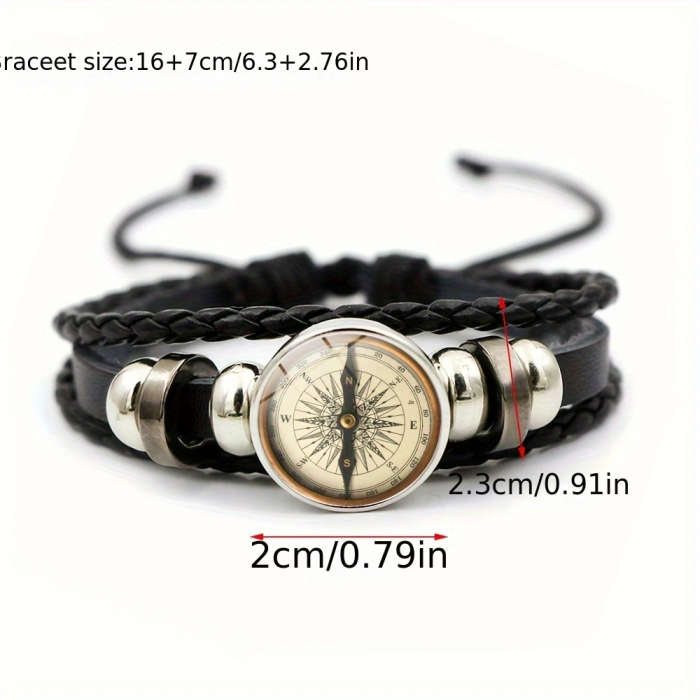 1pc Retro Style Compass Pattern Multi-Layer Artificial Crystal Beaded Faux Leather Men's Adjustable