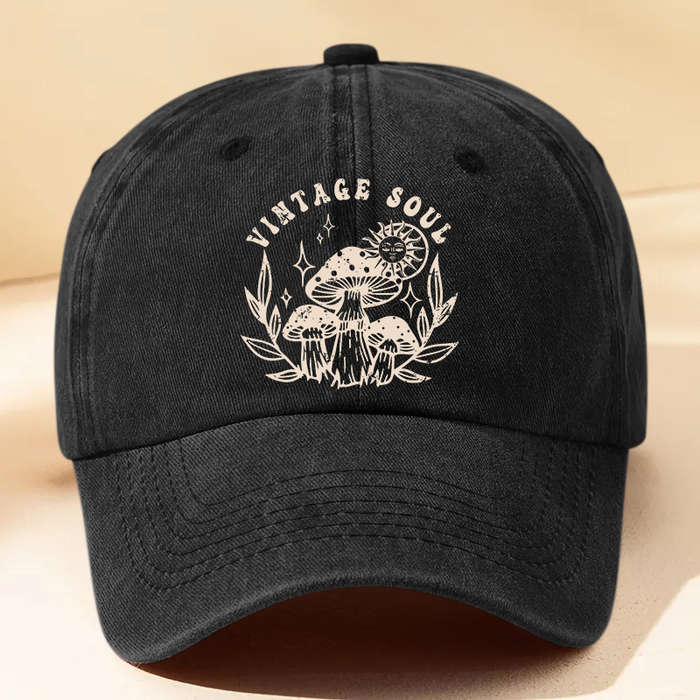 1pc Vintage-Inspired Washed Baseball Cap with Cartoon Mushroom Letter Print Adjustable Lightwe