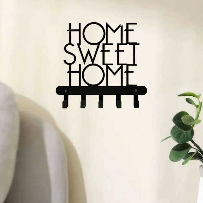 Home Sweet Home" Wall-Mounted Key Holder with 5 HooksDecorative Metal Organizer for Keys Coats