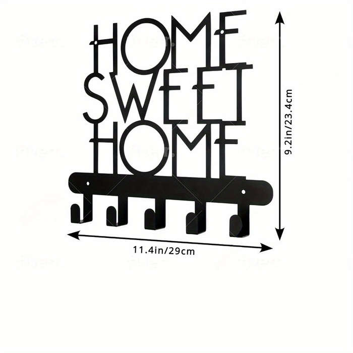 Home Sweet Home" Wall-Mounted Key Holder with 5 HooksDecorative Metal Organizer for Keys Coats