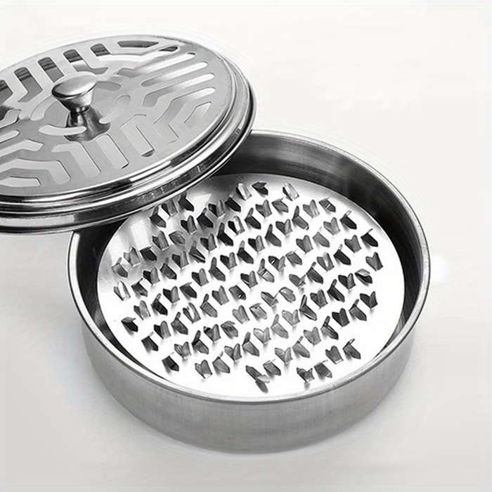 1pc Stainless Steel Mosquito Coil Holder with Lid and Ashtray Fireproof Heat-Resistant Home Deco