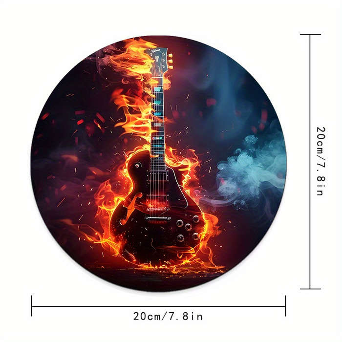 1pc Flaming Guitar Design Round Mouse Pad Non-Slip Durable Comfortable Rubber Des