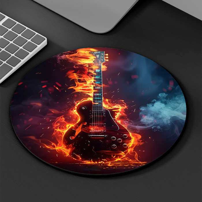 1pc Flaming Guitar Design Round Mouse Pad Non-Slip Durable Comfortable Rubber Des