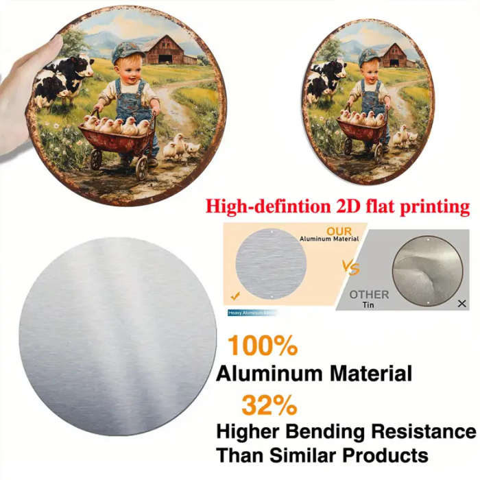1pc Vintage Farm Scene Metal Sign 20.32cm Round Aluminum Wall Hanging Art Classic Style Multipurpose