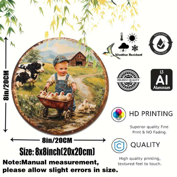 1pc Vintage Farm Scene Metal Sign 20.32cm Round Aluminum Wall Hanging Art Classic Style Multipurpose