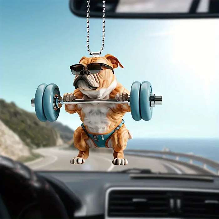 1pc 2D Flat   Funny Bulldog Acrylic Pendant with Glasses Dumbbells 7.98cm Fitness-Themed Ca