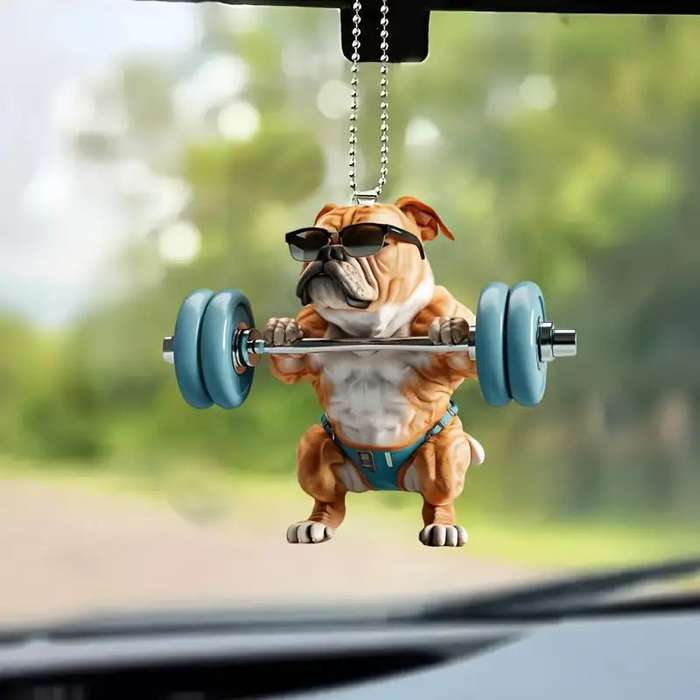 1pc 2D Flat   Funny Bulldog Acrylic Pendant with Glasses Dumbbells 7.98cm Fitness-Themed Ca