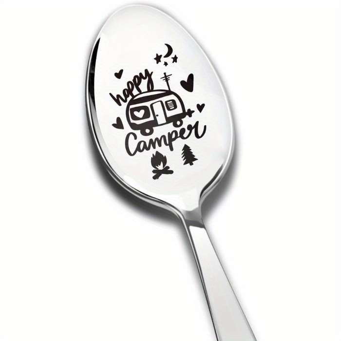 1pc Happy Camper Engraved Stainless Steel Spoon C Unique Camping-Themed Gift for Coffee Lovers