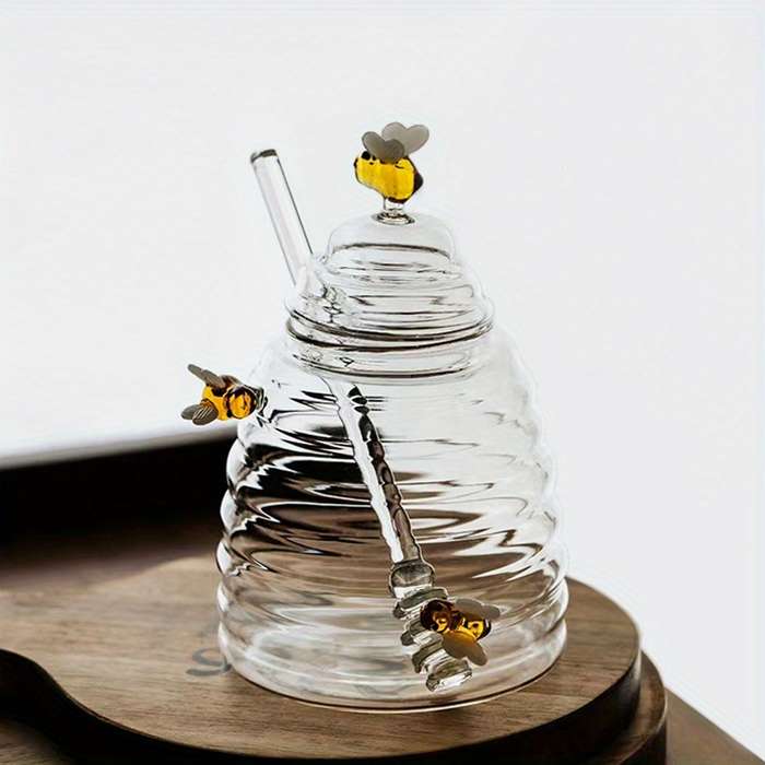 1pc 500ml 16.9oz Heat-Resistant Glass Honey Jar with Stirring Rod Cute Bee Design Transparen