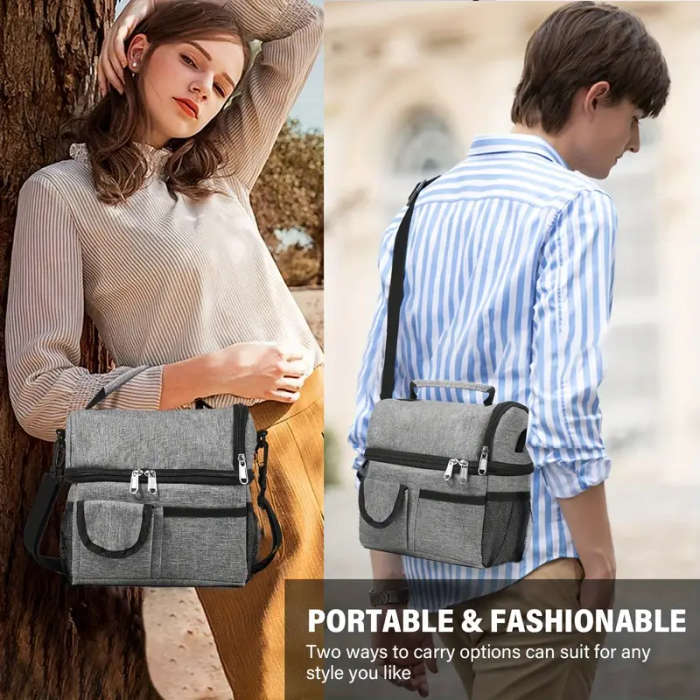 1pc Large Grey Insulated Tote Lunch Bag Spacious 2-Compartment Thermal with Shoulder Strap Leakproof
