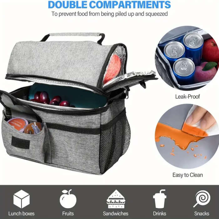 1pc Large Grey Insulated Tote Lunch Bag Spacious 2-Compartment Thermal with Shoulder Strap Leakproof
