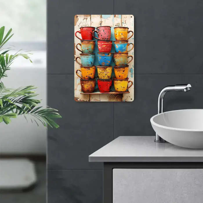 1pc 2D flat Colorful Vintage Coffee Cups Wall Art Rustic 20.32cmx30.48cm Metal Sign Weathered Finish