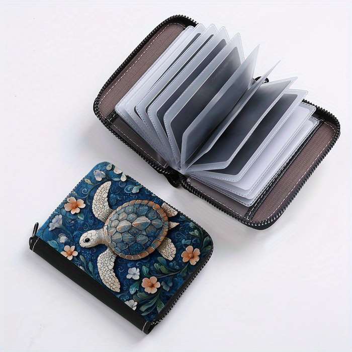 1pc Floral Turtle Print Zipper Wallet 24 Card Slots Coin Purse ID Holder Stylish Card Cas