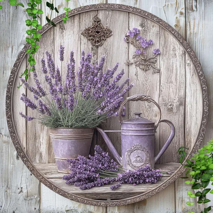 1pc 2D Flat Print Round Vintage Metal Aluminum Sign Wall Art Lavender Themed For Bar Kitchen Coffee