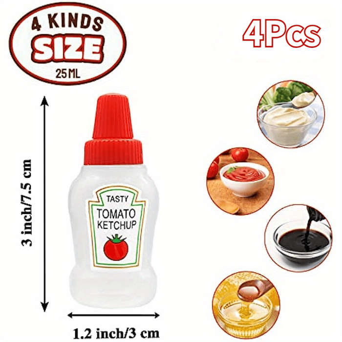 4pcs Mini Condiment Squeeze Bottles Leakproof Reusable Plastic Containers for Ketchup Mayon