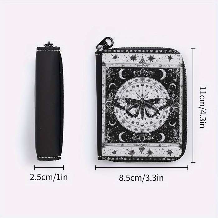 1pc Mystical Moth Print Wallet 24-Slot Zippered Coin Purse ID Credit Card Holder Fashionab