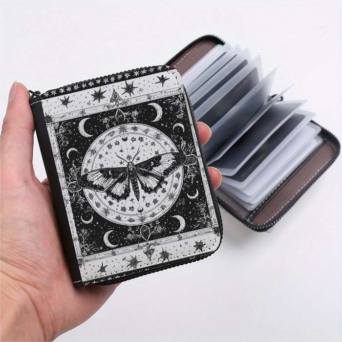 1pc Mystical Moth Print Wallet 24-Slot Zippered Coin Purse ID Credit Card Holder Fashionab