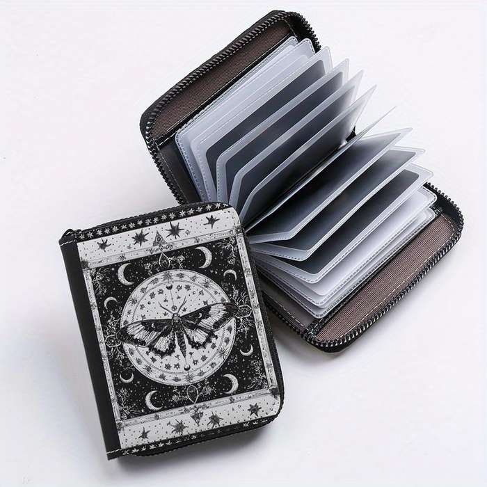 1pc Mystical Moth Print Wallet 24-Slot Zippered Coin Purse ID Credit Card Holder Fashionab