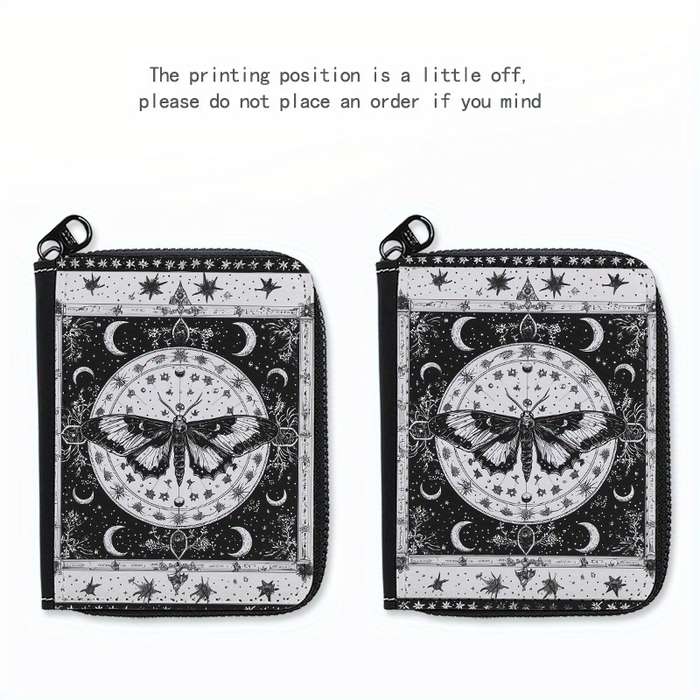 1pc Mystical Moth Print Wallet 24-Slot Zippered Coin Purse ID Credit Card Holder Fashionab