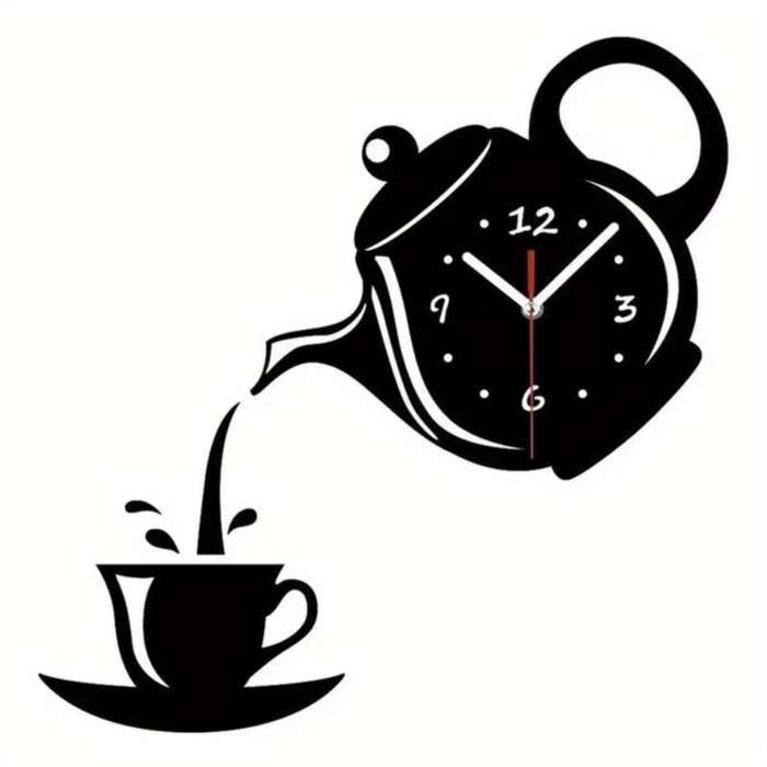 1pc 3D Acrylic Coffee Cup Teapot Wall Clock Large Display Irregular Shape Plastic Material Flat