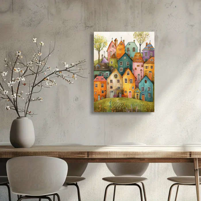 1pc Colorful Whimsical Houses Canvas Art Print Frameless Wall Painting for Living Room Bedroom Moder