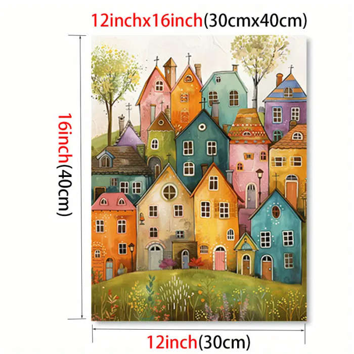 1pc Colorful Whimsical Houses Canvas Art Print Frameless Wall Painting for Living Room Bedroom Moder