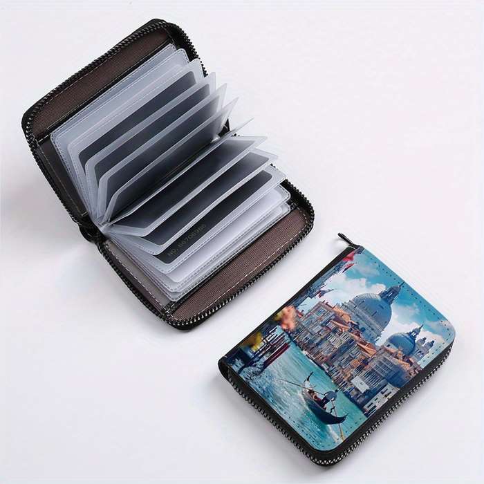 1pc Venice Print Wallet 24-Slot Zippered Coin Purse Multi-Card Holder ID Credit Card Organ