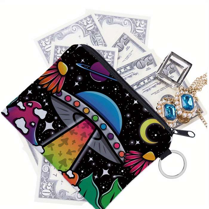 1pc 3D High-Definition Printed Mushroom Alien Spaceship Pattern Polyester Portable Coin Purse Digi