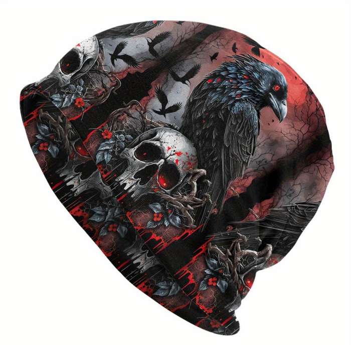 1pc Skullies Beanies Outdoor Hats Raven And Gothic Skull Thin Bonnet Hipster Caps Men