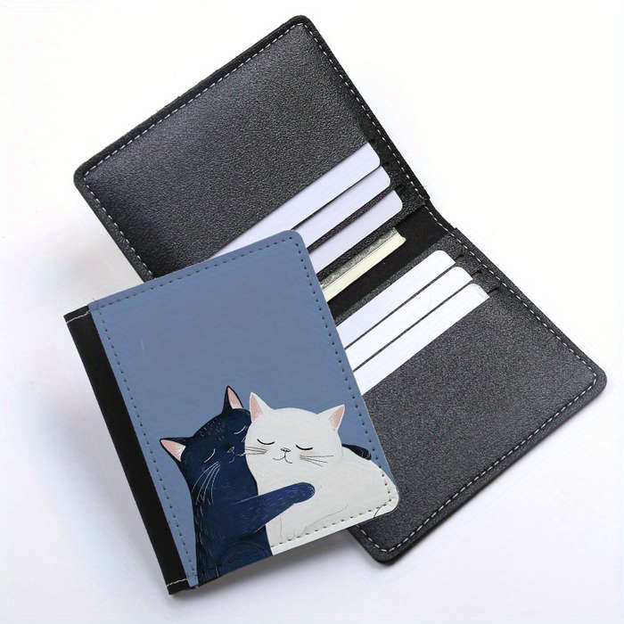 1pc Creative Cat Print Slim Wallet Mens Ultra-Thin Card Holder with 8 Slots Black White C