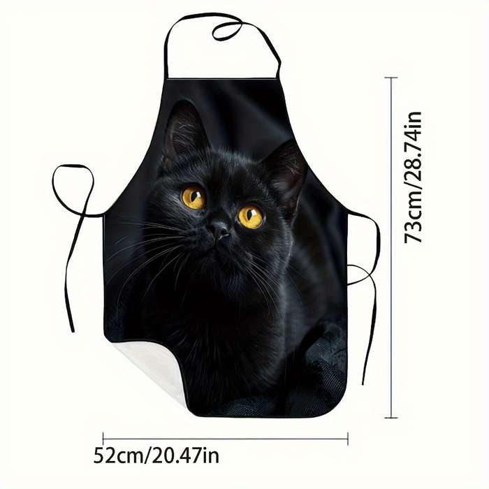 1pc Adorable Black Cat Print Sleeveless Polyester Apron with Striped Detail Perfect for Home