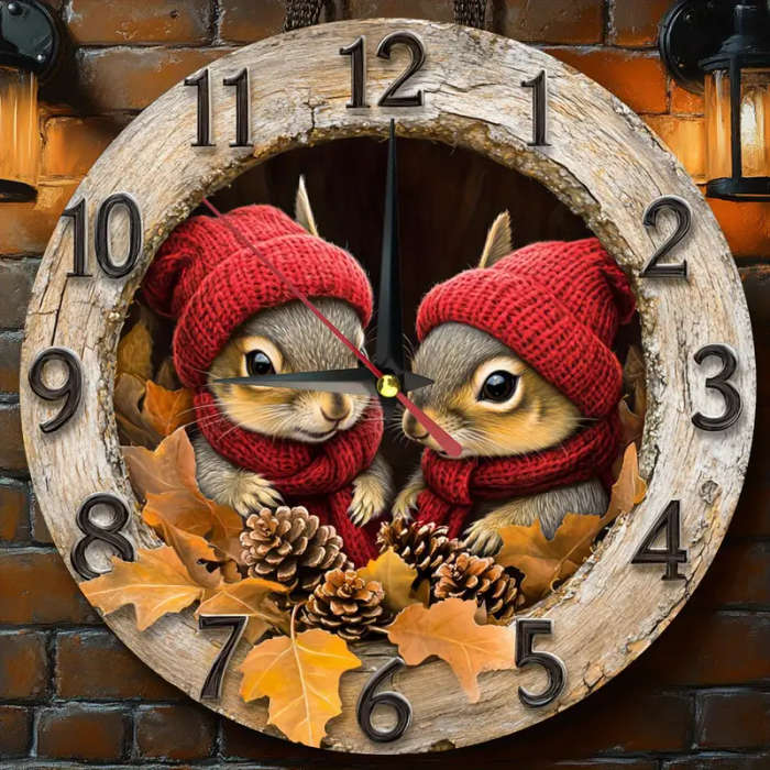 1pc Charming Vintage Squirrel Wooden Wall Clock Silent Easy-to-Read Design for Kitchen Bedroom Offic