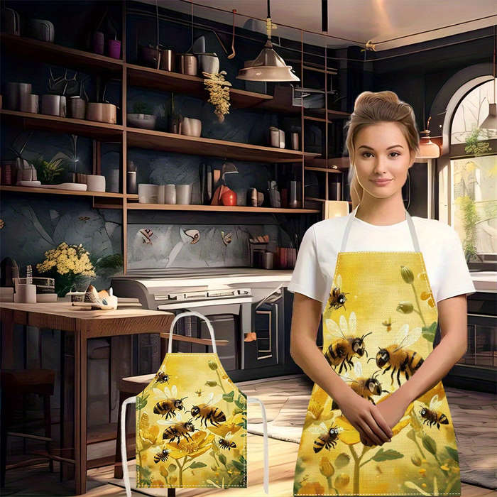 1pc Fashionable Bee Pattern Apron Woven Polyester Ideal for Cooking BBQ Kitchen Duti