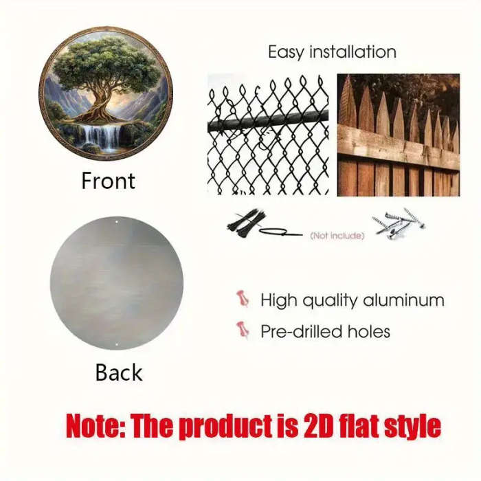 1pc 2D Flat Print Round Aluminum Sign Wall art Vintage Metal Sign Tree of Life Themed for Bar Kitche