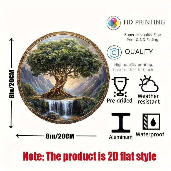 1pc 2D Flat Print Round Aluminum Sign Wall art Vintage Metal Sign Tree of Life Themed for Bar Kitche