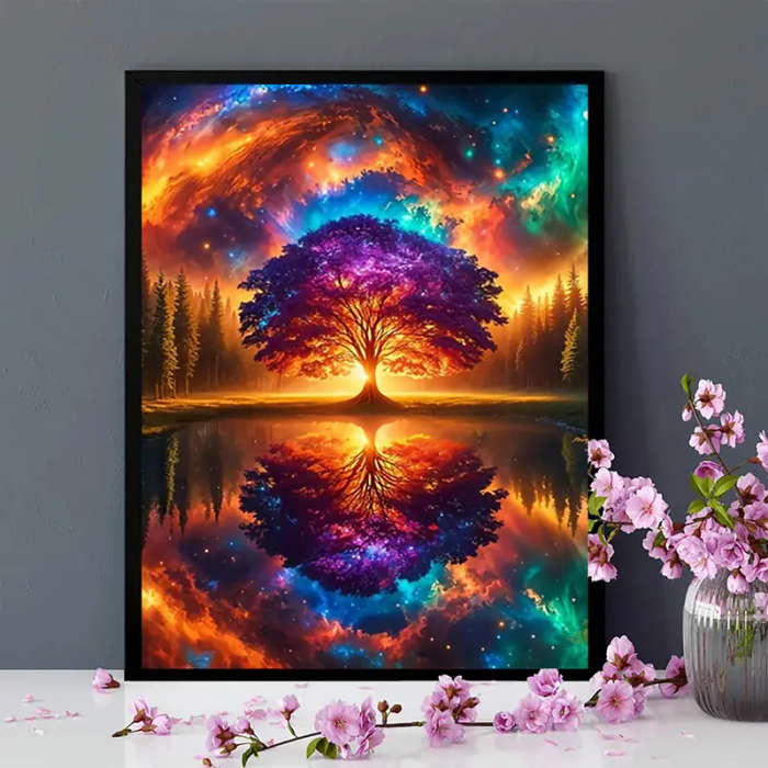 1pc Canvas Wall Art Poster Vintage Tree of Life Vibrant Space Nebula Reflection Creative Wall Decor