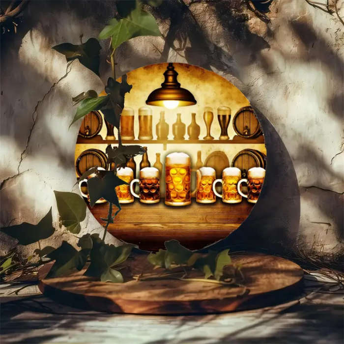 1pc Cozy Beer Cabin Aluminum Wall Art Round 2D Poster for Home Bedroom Living Room Coffee Shop Decor