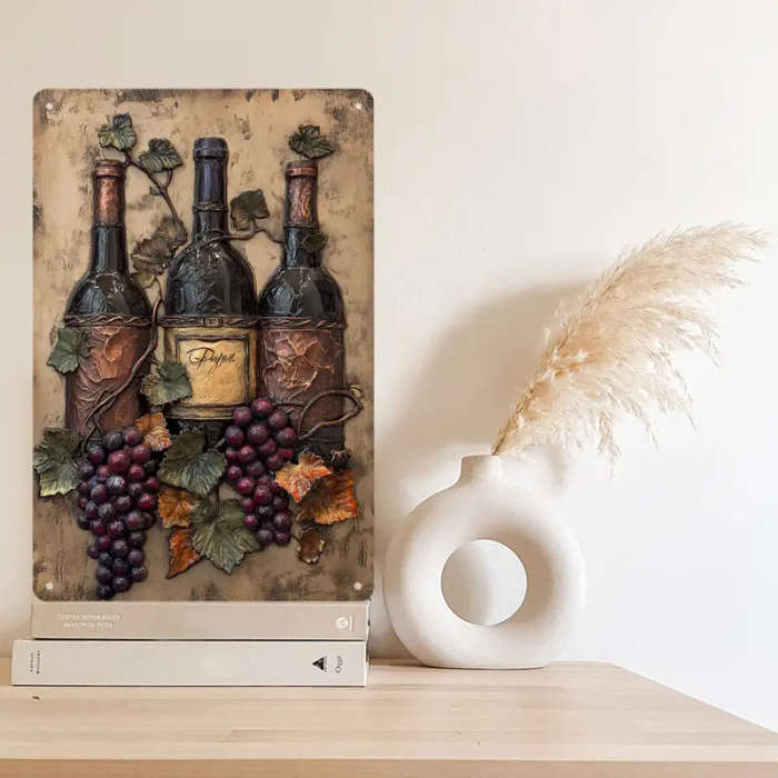 1pc 2D Metal Hanging Wall Sign Vintage Wine Bottle And Grape Bunches Metal Sign Bar Kitchen Coffee S