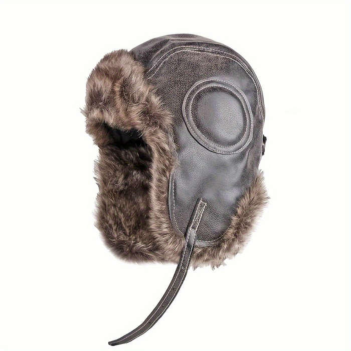 1pc Men's Thick Faux Leather Trapper Hat with Faux Fur Trim Windproof Ear-Flap Design for S