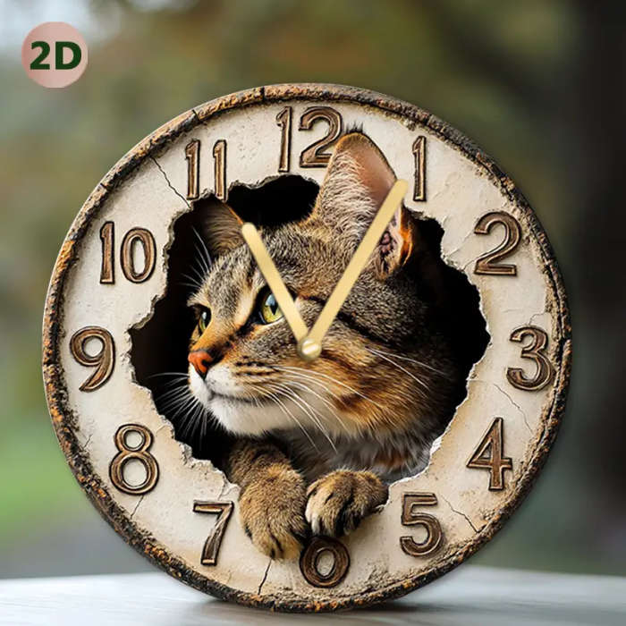 1pcs Charming Wild Cat Wall Clock 2D Art Design Silent Movement Wood Fiberboard Round